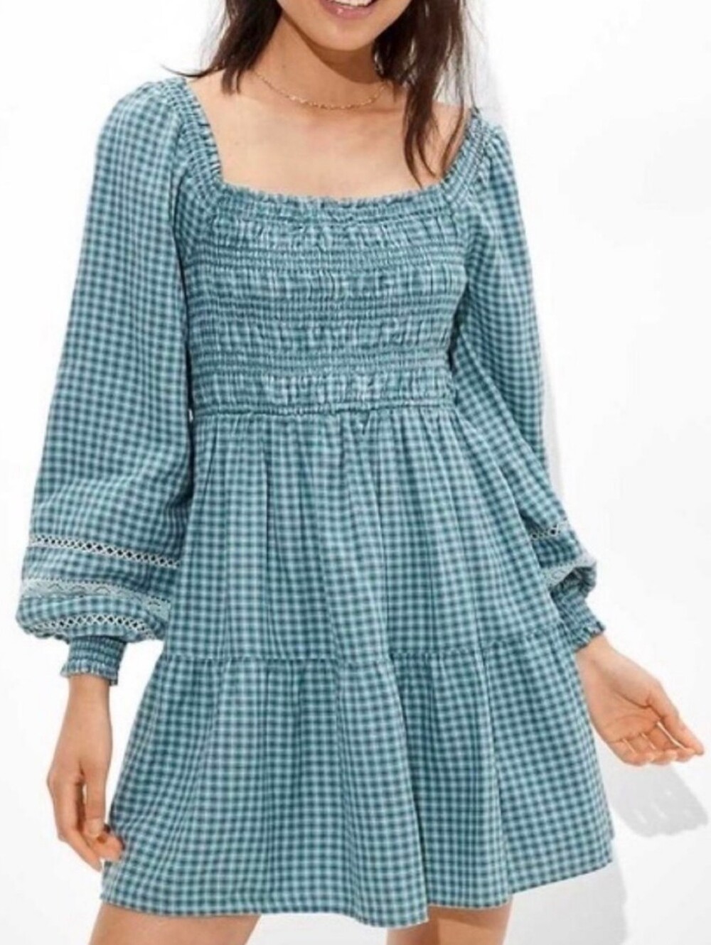 American Eagle Teal & White Gingham Mini Dress